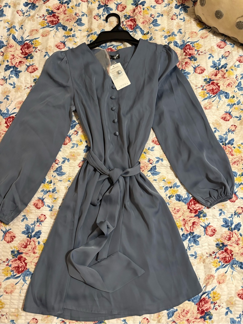 Long-Sleeve Slate Blue Tie-Waist Dress